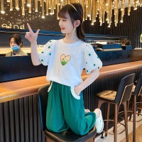 女童夏季套装2024新款韩版中大童时髦洋气小女孩休闲泡泡袖两件套
