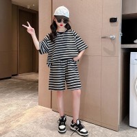 女童装洋气条纹休闲套装2024夏季新款儿童韩版宽松短袖短裤两件套
