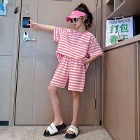 女童装洋气条纹休闲套装2024夏季新款儿童韩版宽松短袖短裤两件套