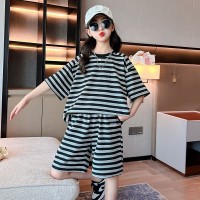 女童装洋气条纹休闲套装2024夏季新款儿童韩版宽松短袖短裤两件套