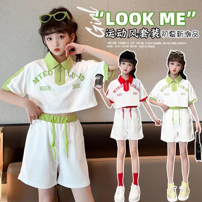 <!--女童套装夏季薄款2024新款中大童洋气时髦休闲运动短袖短裤两件套-->