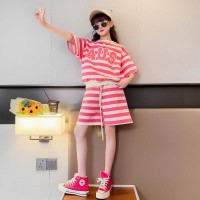 女童条纹短袖套装2024夏季新款中大童宽松短裤时尚字母女孩两件套