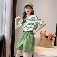 女童夏装套装韩版2024新款儿童娃娃领短袖洋气女孩夏款条纹两件套