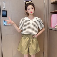 女童夏装套装韩版2024新款儿童娃娃领短袖洋气女孩夏款条纹两件套