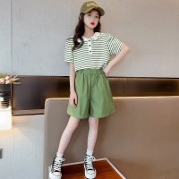 女童夏装套装韩版2024新款儿童娃娃领短袖洋气女孩夏款条纹两件套