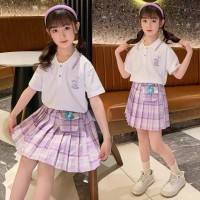 夏款短袖Polo衫女童星黛露套装中大儿童两件套学院风JKT恤百褶裙