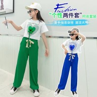 女童夏装阔腿裤套装2024新款儿童网红洋气夏季短袖大童运动两件套