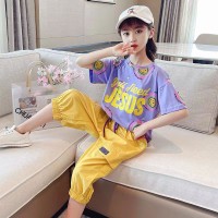 纯棉原版质量套装2024新款时尚儿童装短袖运动小女孩夏季两件套潮