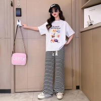 含棉）女童夏装套装2024新款洋气时髦中大童宽松条纹阔腿裤两件套