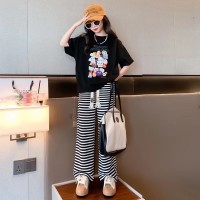 含棉）女童夏装套装2024新款洋气时髦中大童宽松条纹阔腿裤两件套