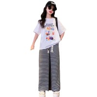 含棉）女童夏装套装2024新款洋气时髦中大童宽松条纹阔腿裤两件套