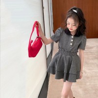女童时髦套装洋气夏装2024新款儿童学院风POLO领上衣花苞裙两件套
