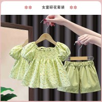 1362#女小童套装夏季款宝宝纯棉衣服婴碎花上衣短裤田园风两件套