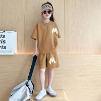 1478#40支纯棉女童套装夏2024新款大童夏季儿童短袖短裤运动套装
