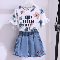 女童网红套装夏装2024年时髦洋气女大童短袖荷花边牛仔短裤两件套