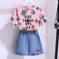 女童网红套装夏装2024年时髦洋气女大童短袖荷花边牛仔短裤两件套