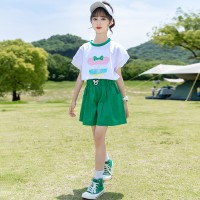 女童夏季套装中大童韩版卡通烫钻花边短袖上衣休闲宽松短裤两件套