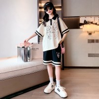 女童夏季套装2024新款韩版中大童童装卡通印花撞色短袖短裤两件套