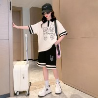 女童夏季套装2024新款韩版中大童童装卡通印花撞色短袖短裤两件套