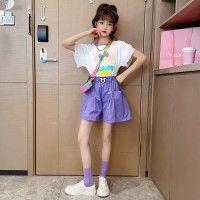 女童夏季套装中大童韩版卡通烫钻花边短袖上衣休闲宽松短裤两件套