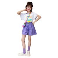 女童夏季套装中大童韩版卡通烫钻花边短袖上衣休闲宽松短裤两件套
