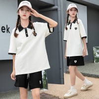女童套装夏季2024新款polo领运动服女大童休闲时髦夏装短裤两件套