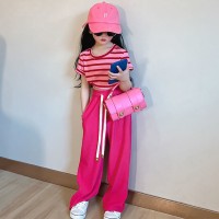 女童夏装套装条垂感直筒阔腿裤2024新夏季儿童条纹短袖t恤两件套