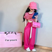 女童夏装套装条垂感直筒阔腿裤2024新夏季儿童条纹短袖t恤两件套