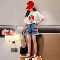 女童短袖T恤夏装2024新款儿童纯棉体恤女孩牛仔短裤套装夏季童装