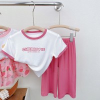 新款女童T恤儿童俩件套冰丝休闲套装清新舒适透气休闲运动阔腿裤