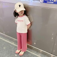新款女童T恤儿童俩件套冰丝休闲套装清新舒适透气休闲运动阔腿裤