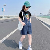 女童牛仔短裤套装夏季2024新款短袖印花T恤女孩单肩背带裤两件套