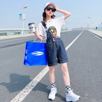 女童牛仔短裤套装夏季2024新款短袖印花T恤女孩单肩背带裤两件套