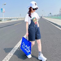 女童牛仔短裤套装夏季2024新款短袖印花T恤女孩单肩背带裤两件套