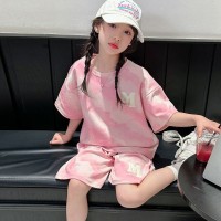 夏季儿童潮范渐变字母短袖休闲套装男女童渲染短袖短裤洋气两件套