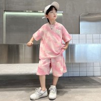 夏季儿童潮范渐变字母短袖休闲套装男女童渲染短袖短裤洋气两件套