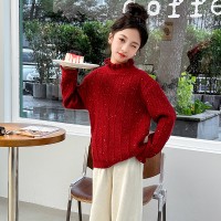 女童亮片荷叶边毛衣跨境韩版童装中大童红色本命年女孩毛线衣高领
