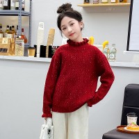 女童亮片荷叶边毛衣跨境韩版童装中大童红色本命年女孩毛线衣高领
