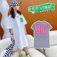 女童夏季连衣裙中大童圆领短袖中长款T恤裙小女孩韩版宽松直筒裙