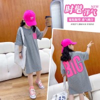 女童夏季连衣裙中大童圆领短袖中长款T恤裙小女孩韩版宽松直筒裙