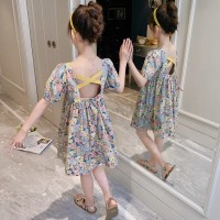 女童碎花露背连衣裙夏2024新款洋气泡泡短袖中大儿童度假沙滩裙子