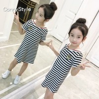 女童连衣裙夏装2024新款童装女大童短袖条纹裙海军风儿童洋气裙子