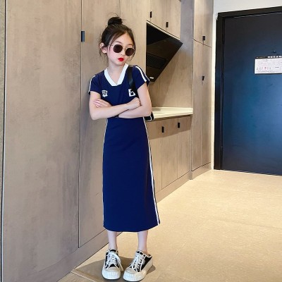 <!--女童裙子夏季2024红儿童撞色字母T恤裙夏装女孩洋气连衣裙-->