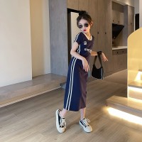 女童裙子夏季2024红儿童撞色字母T恤裙夏装女孩洋气连衣裙