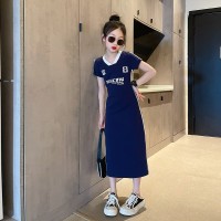 女童裙子夏季2024红儿童撞色字母T恤裙夏装女孩洋气连衣裙