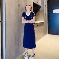 女童裙子夏季2024红儿童撞色字母T恤裙夏装女孩洋气连衣裙
