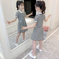 女童学院风裙子短袖洋气2024新款夏装女孩夏季网红儿童条纹连衣裙