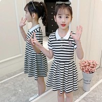 女童学院风裙子短袖洋气2024新款夏装女孩夏季网红儿童条纹连衣裙