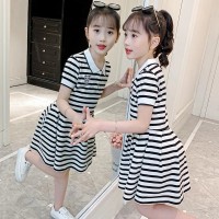 女童学院风裙子短袖洋气2024新款夏装女孩夏季网红儿童条纹连衣裙