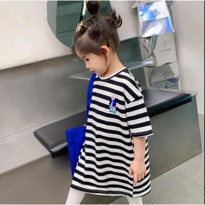 <!--儿童女宝宝中大童2024夏季新款时尚条纹扎染速干透气中长款T恤裙-->